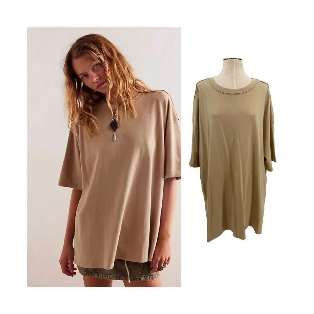 Free People Phoenix Tee Oversized Raw Edge Tunic T-Shirt Tan Size XL